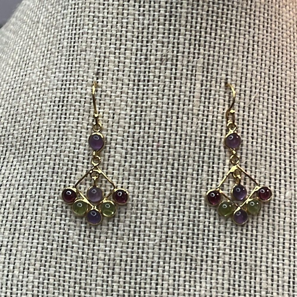Multi Gemstone, Amethyst, Peridot, Garnet Gold over Silver Dangle Earrings